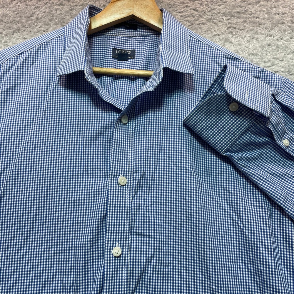 J.Crew Button Down Shirt Flex Wrinkle Free Slim Fit Gingham Blue White Mens L